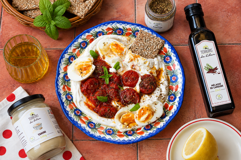 Tahini Yogurt with Tomatoes, Zaatar & Carob Molasses