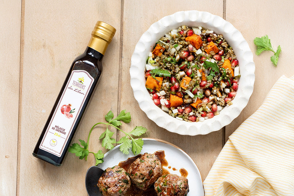 Lamb, Meatballs and Freekeh with Pomegranate Molasses