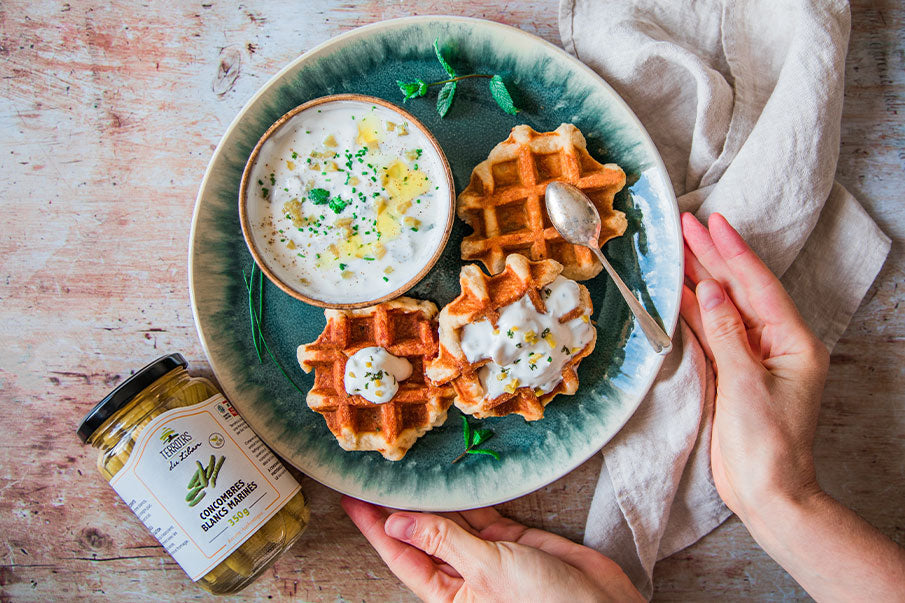 Potato Waffles with White Cucumber Pickles Creamy Sauce