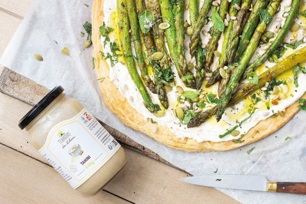 Roasted Asparagus Tart with Feta and Tahini Cream
