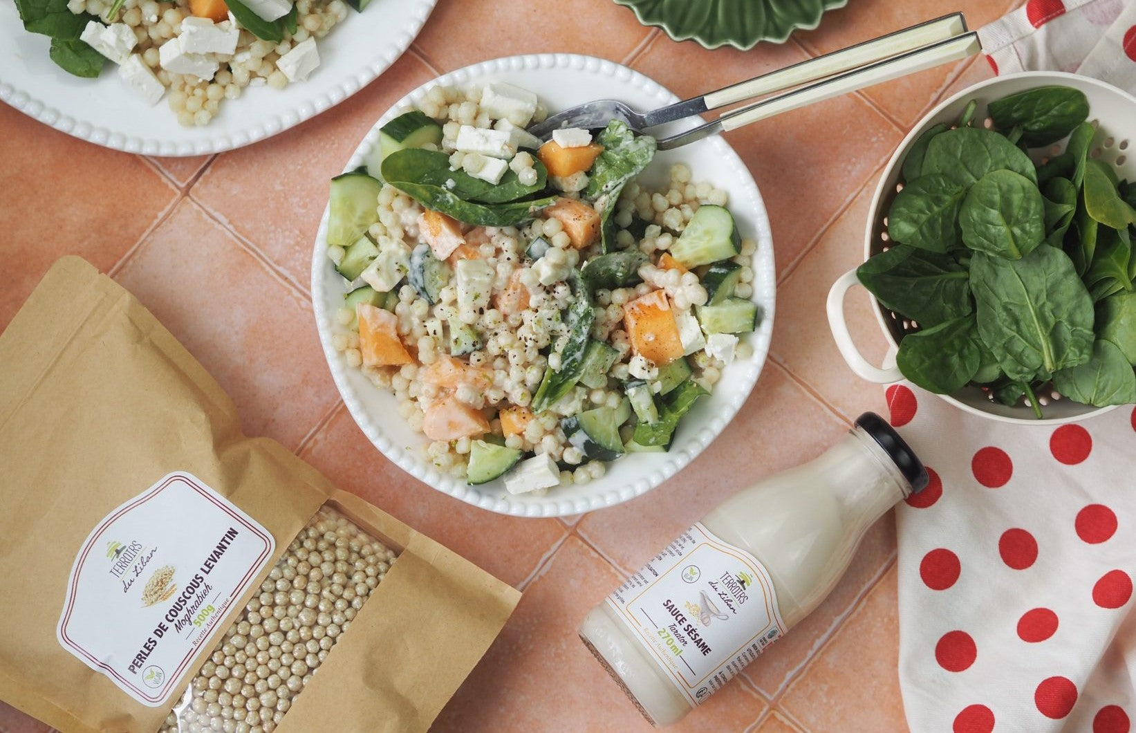 Couscous Pearl Salad with Sesame Sauce-Tarator